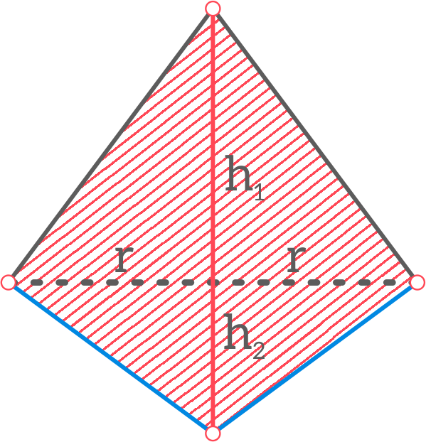 Grafika przedstawia przekrój osiowy bryły powstałej w wyniku obrotu trójkąta prostokątnego dookoła przeciwprostokątnej. 